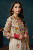 Close-up of an off-white pishwas gown featuring vibrant pink, purple, and gold floral embroidery on the bodice.