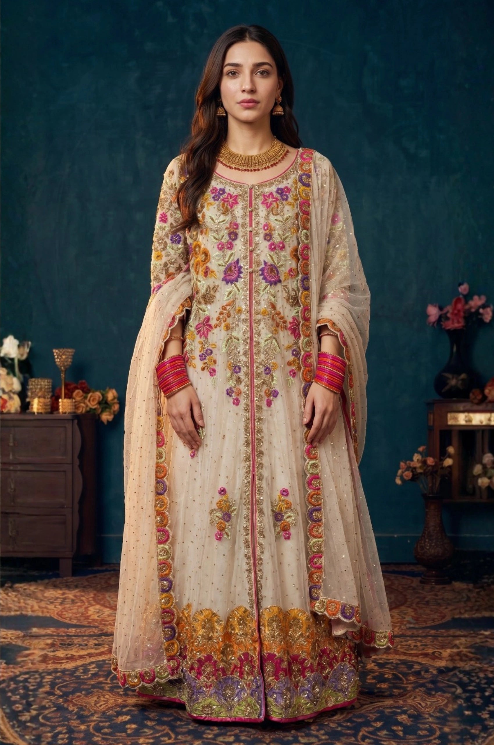 Model wearing an off-white embroidered pishwas dress with colorful floral embellishments and matching net dupatta.
