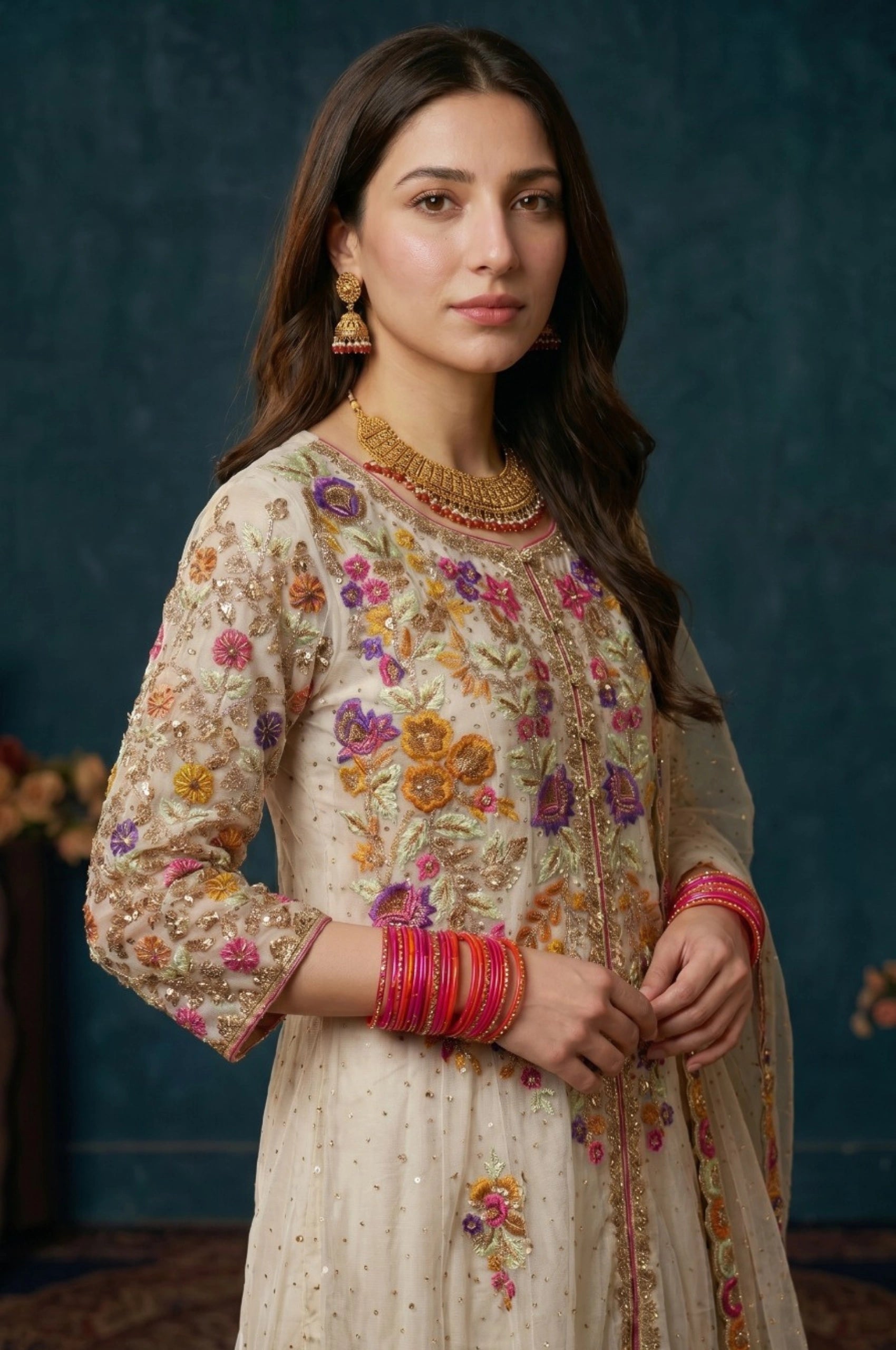 Close-up of an off-white pishwas gown featuring vibrant pink, purple, and gold floral embroidery on the bodice.

