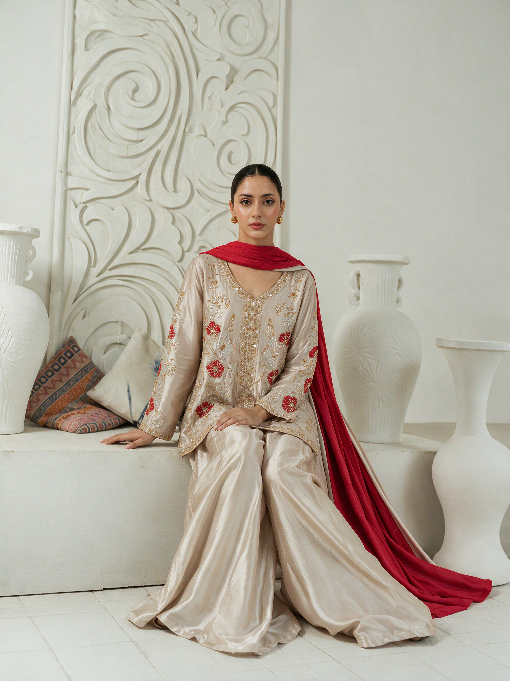 Seated view of beige embroidered suit with wide trousers and flowing red dupatta.
